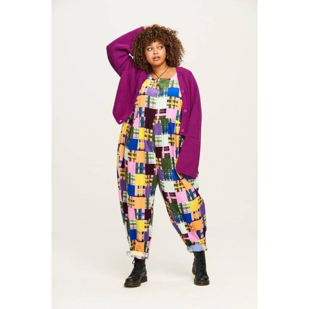 Lucy and Yak Needle Cord Bowie Jumpsuit Patchwork Plaid Pink Yellow US 28